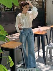 Hnewly Women Casual Chic Puff Sleeve Loose Elegant Spring Retro All-match Kawaii Ladies Summer New Solid Korean Style Button