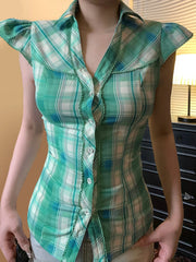 Hnewly Fashion Y2k Lace Spliced Plaid Prints Women Shirts Shorts Sleeves Retro Chic Design Summer Polo Blouses