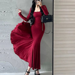 Hnewly Elegant Midi Dresses For Dancing Parties Trumpet 300 Pounds Plus Size Solid Slim Square Collar All-match Woman Clothing New