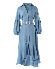 Hnewly Asymmetrical Style for Women Spring Summer Elegant Sexy V-Neck Lantern Sleeve Ruffle Hem Pocket Design Maxi Dress