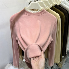Hnewly Lace Patchwork Half High Collar T-shirt Women's Autumn Winter New Slim Fit Plush Warm Top Korean Commuting Versatile Pullover