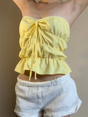 Hnewly Women Tube Tops Strapless Off Shoulder Backless Tie-up Ruched Plaid Print Slim Fit Summer Tank Cropped Vests Clubwear