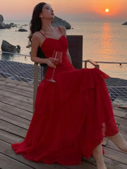Hnewly Summer Red Womens Dresses Elegant Spaghetti Strap Sleeveless Ruffles Birthday Party Long Dress Holiday Prom A-Line Vestidos New