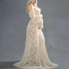 Hnewly Summer Slash Neck Lace Maternity Pregnancy Photography Dresses Open Front Off-the Shoulder Pregnant Woman Photoshoot Dress