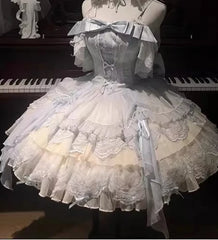 Hnewly Blue Lolita Style Dress for Girls Women Slim Fit Sweet Elegant Kawaii Dress with Bow Lace Stitching Birthday Party Dress Vestido