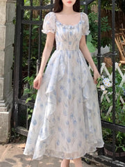 Hnewly Summer French Style Floral Printed Dress Slim Casual Long Chiffon Dress Short Sleeve Women Vacation Fairy Dress