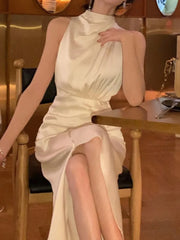 Hnewly Women Summer Halter Satin Midi Party Dress Sleeveless Bodycon Slim Casual Solid Birthday Vestidos Female One Pieces Fashion Robe