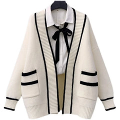 Hnewly Varsity Cardigan Sweater for Women Open Front Slouchy Knitted Sweater Jacket Cardi Collaege Student Girl Fall Winter Outfit