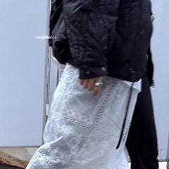 Hnewly Korean Style Lace Skirts White Y2k 2000s Women Tulle Vintage Harajuku Mesh Overlay Long Skirt Lace Up Retro Streetwear