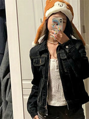 Hnewly Zipper Jeans Solid Coats Streetwear Fashion All Match Ins Chaquetas Mujer Women Turn Down Collar Punk Vintage Denim Jackets