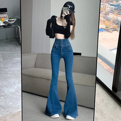 Hnewly Single Breasted High Waist Flare Jeans For Women Spring Autumn High Street Slim Boot Cut Denim Pants Ladies Fishtail Jeans
