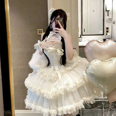 Hnewly Gorgeous Lolita Gothic Style Ribbon Hanging Neck Slim Fit Black Mini Dress Women Romantic Bow Lace-up Princess Dresses