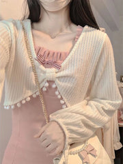 Hnewly Knitted Kawaii Lolita Two Piece Set Women Japanese Cute Sweet Dress Suit Female Korean Bow Pink Dress + Long Sleeve Coat
