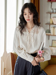 Hnewly V Neck Lace Blouse Women Elegant Long Sleeve Vintage Patchwork Shirt Sweet French Retro Lace Up Female Casual Tops Fall New