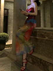 Hnewly Colorful Print Maxi Dress Patchwork Lace Mesh Low-Neck Sleeveless Backless Summer Trend Vacation Clubwear Vestidos