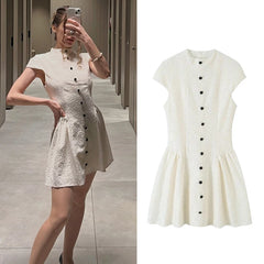 Hnewly Women's Lace Dress Short, Retro Round Neck Button Detail Mini Dress, A-Line Casual Elegant Party Dress for Spring Summer