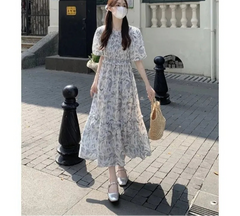 Hnewly Woman Dress Sweet Floral Printed Puff Short Sleeve Vintage French Style Summer Fashion Casual Female Elegant Dresses