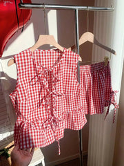 Hnewly Red Plaid Lace-Up Camisole And Shorts Set For Women