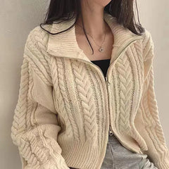 Hnewly Chunky Knit Zip Up Cardigan for Women Zipper Front Long Sleet Sweater Coat Knitwear Crop Sweater Korean Chic Fall Winter Outfit