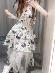 Hnewly Vintage 2000s Y2k Irregular Midi Dress Female Short Party japanese Print Sleeveless Dress One Piece Dress Korean Fashion Summer