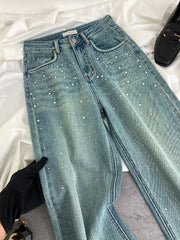 Hnewly Korean Style Rhinestone Jeans For Women Spring New High Waist Loose Washed Wide Leg Pants Chic Niche Design Straight Denim Pants