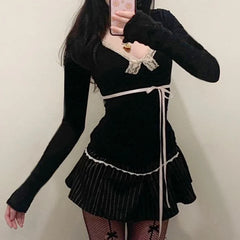 Hnewly Top y2k Women Clothes Lace Trim V Neck Long Sleeve T Shirt with Bow Decor 2000s Coquette Clothing Streetwear