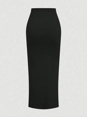 Hnewly New French High-Waist Retro Knitted Ruched High-Slit Midi Skirt Black Versatile Slim Plus Size Female Clothing Elegant Party
