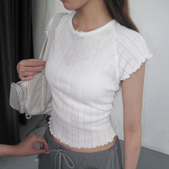 Hnewly y2k White Short Sleeve Cropped Top Sweet Ruched O Neck Skinny T Shirts Sexy Hollow Out See Through Women T-shirt Vintage