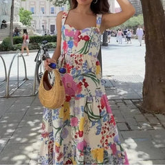 Hnewly Summer Pullover Women's Clothing Prairie Chic Sleeveless Camisole Plant&Flowers Printed All-match Knee Skirts Stylish Dresses