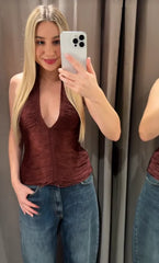 Hnewly Tassel Women's Tops Halter Neck Sleeveless Deep-V Neck Top Women Backless Elegant Slimming Fashion Solid Blouse Outerwear Ladies