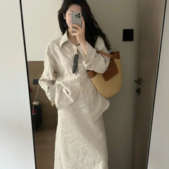 Hnewly Casual Set for Women Simple Collar Loose Long Sleeve Shirt Versatile Half length Long Skirt Two Piece Set