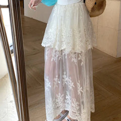 Hnewly Lace Splicing Lace Half Skirt Design Summer New High Waist Slimming Mesh Long Skirt