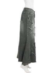 Hnewly Y2k Patchwork Denim Long Skirt Women Retro Slim Ripped Mid-Waisted Mermaid Hem Skirts Fashion Tassel Irregular Skirt
