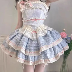 Hnewly Japanese Sweet JSK Lolita Mini Dress Women Summer Cute Soft Girls Bow Slim Ballt Style Princess Party Suspender Dresses