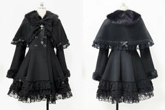 Hnewly Japanese Mine Lolita Goth Slim Long Sleeve Long Winter Woolen Coat Women High-end Removable Cape Fur Collar Lace Cross Jacket