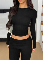 Hnewly Women's Stylish Turtleneck Set Stretchy Fabric with Long Sleeve Top and Wide Leg Pants Versatile Outfit Set
