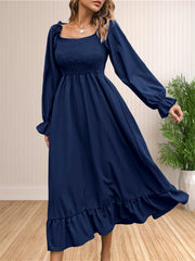 Hnewly Women's Boho Square Neck Smocked Long Puff Sleeve A Line Maxi Dress