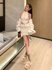 Hnewly Elegant Knitted Clothing 3 Piece Set Casual Short Cardigan + Slim Vest + Sexy Y2k Mini Skirt Korean Fashion Suit Winter