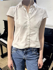 Hnewly Back Lace-up White Blouse T-Shirt Woman Summer Peter pan Collar Short Sleeve Slim Tee Shirt Casual Cute Cotton Sweet Crop Tops