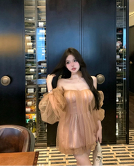 Hnewly Woman Dress Mesh Patchwork Slash Neck Off Shoulder Puff Sleeve Spring Summer Elegant Backless Sweet Mini Dresses