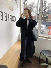 Hnewly Office Lady Suit Collar Long Woolen Jackets Winter Korean Style Double Breasted Long Loose Women 100% Wool Coats