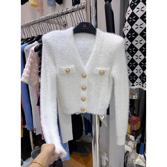 Hnewly Fuzzy Knit Crop Cardigan with Gold Button Long Sleeve V-neck Fitted Sweater Jacket Teen-girl Autumn Winter Y2K Outfit