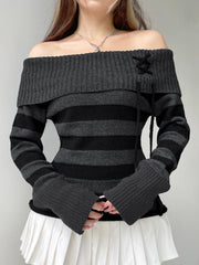 Hnewly Off Shoulder Slim Knitted Stripe Jumper Women Lace-Up Slash Neck Long Sleeve Sweater Tee Korean Fashion Street Knittwear