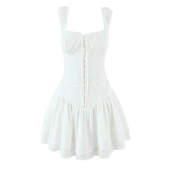 New 2025 Women Floral Embroidery White Tank Mini Dress Sexy Sleeveless Low Waist A-line Slim Summer Dresses Casual Robe