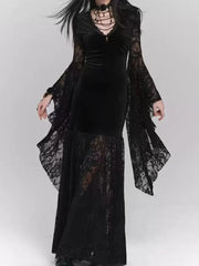 Hnewly Halloween Gothic Women Dress Long Sleeve High Waist Lace Dresses Y2K Vintage Punk Sexy Goth Aesthetic Slim Party Club Robe