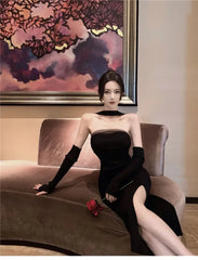 Hnewly Red Knitted Y2k Dress Women's Sleeveless Halter Split Sexy Solid Stretch Slim Fit Backless Women Party Dress Elegant Robe Femme