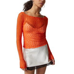 Hnewly Lace Tops for Women y2k Clothes Sheer See Through Round Neck Long Sleeve Ruched T Shirt 2000s Clothing Party Clubwear