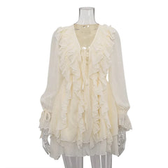 Hnewly Autumn Design Feel Ruffle Lace Dress Women's V-neck Long Sleeve Fashion A-line Skirt