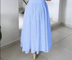 Hnewly Sleeveless Lace Hollow Out Eyelet Crop Top and High Waist A Line Maxi Skirt Two - Piece Set for Women