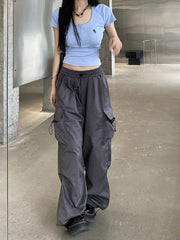 Hnewly Oversized Jogger Cargo Pants Women Mid Waist Streetwear Fashion Grey Wide Leg Baggy Trousers Y2K Casual Pants Drawstring Pocket